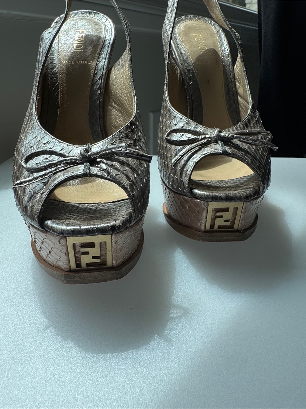 Fendi Metallic Silver Python-Embossed Peep-Toe Platform Slingbacks